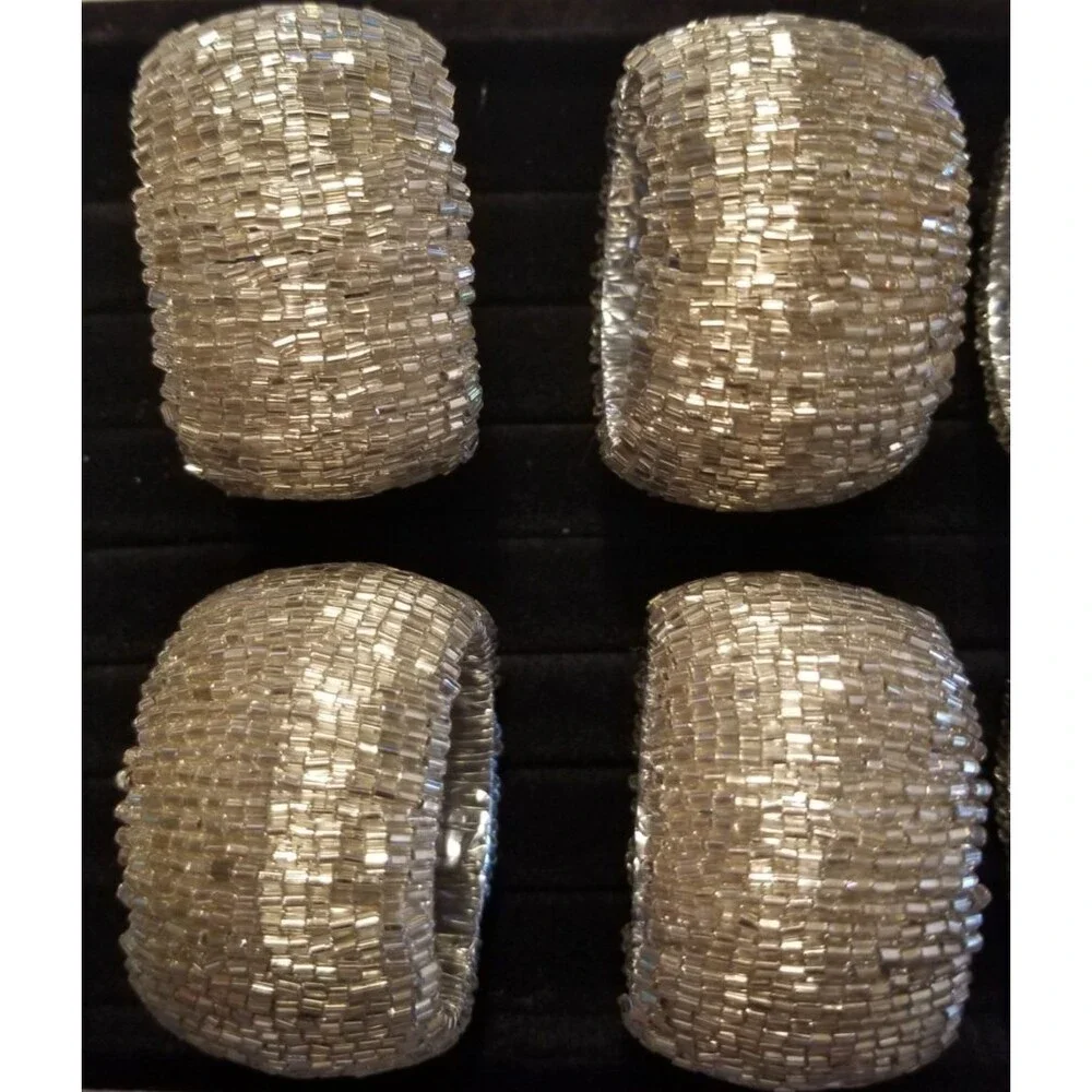 Elegant Beaded Napkin RIng Holders Silver Round Set of 6 Special Occasion